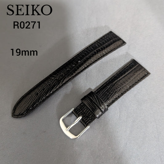 Seiko R0271, 19mm black cowhide leather strap