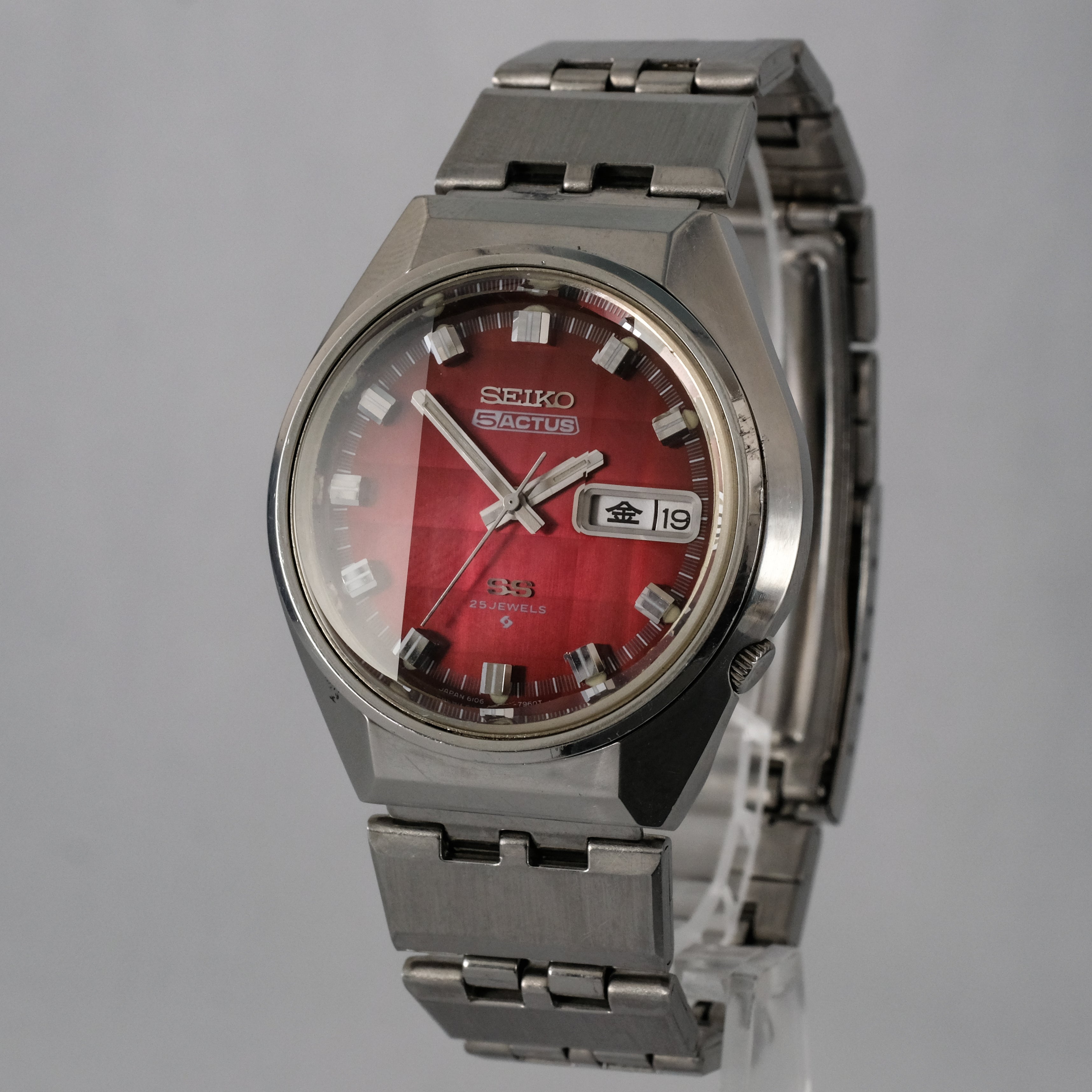 時計 SEIKO5 ACTUS SS 6106-7690 セイコー ファイブアクタス SS 3面カットガラス仕様 赤文字盤 6106
